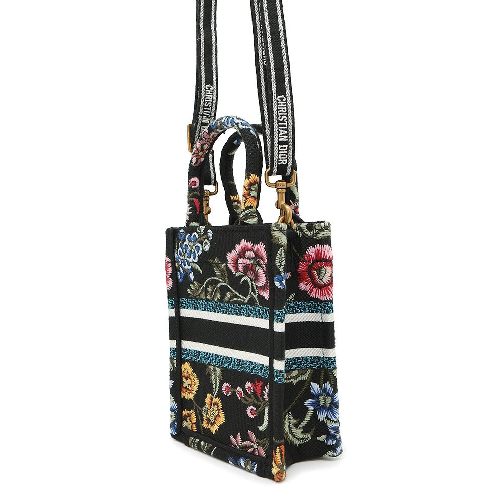 Dior Handbag Vertical Tote Book Canvas Christian Flower Shoulder Black Bag